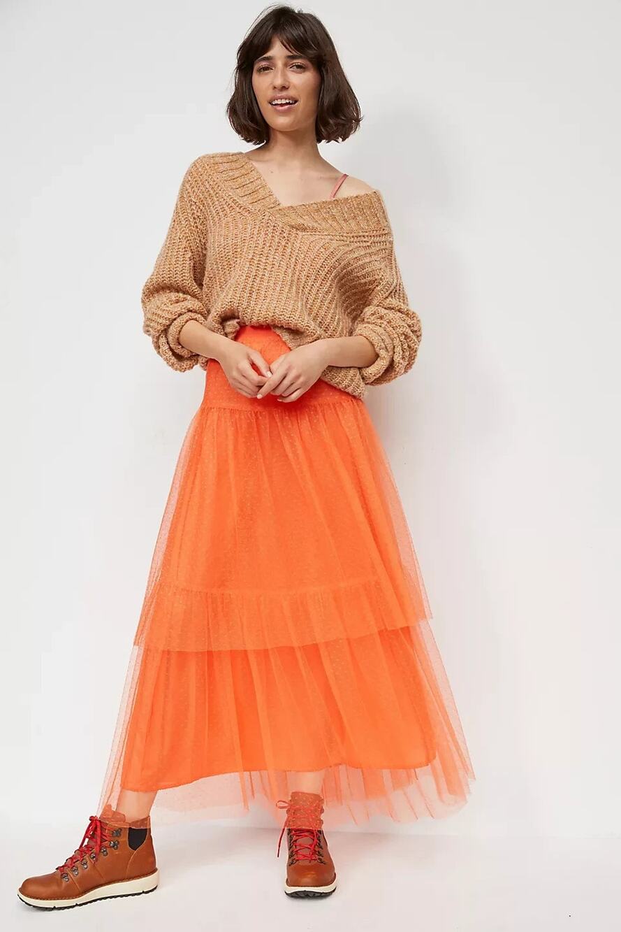Anthropologie Evelyn Tulle Midi Skirt Bright Orange XS Womens New w/Tag